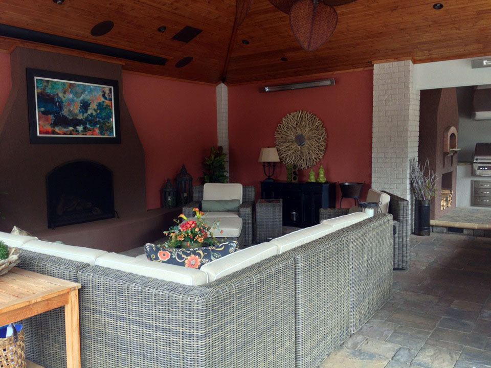 Outdoor home theater, sound system and bar with lighting from Thompson Electrical Service
