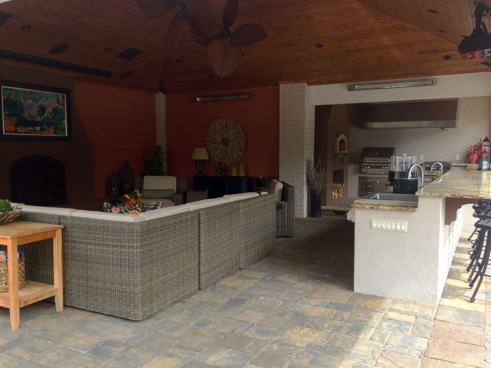 Outdoor home theater, sound system and bar with lighting from Thompson Electrical Service